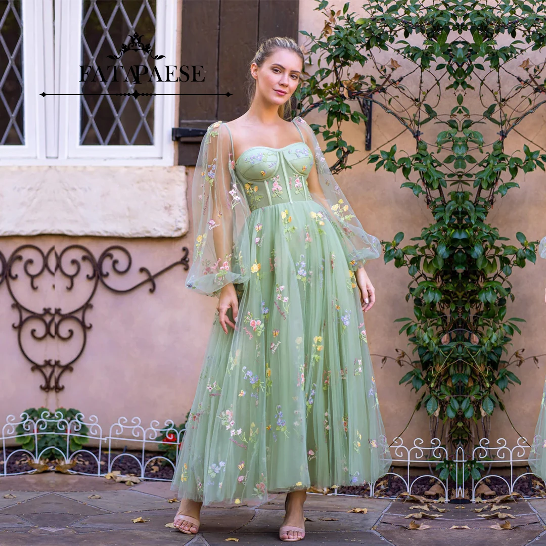 

FATAPAESE Sweetheart Prom Dress Embroidery Tea-Length Tulle Skirt Gown Puff Sleeves Floral Corset Prom Dress فساتين مناسبة رسمية