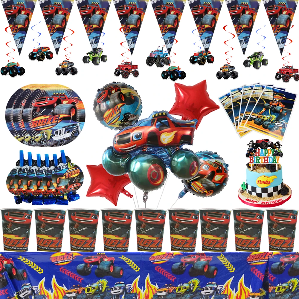 Blaze Monster Birthday Party Decorations Plate Cup Banner Balloons Machines Racing Stoviglie Kids Party Baby Shower Supplies