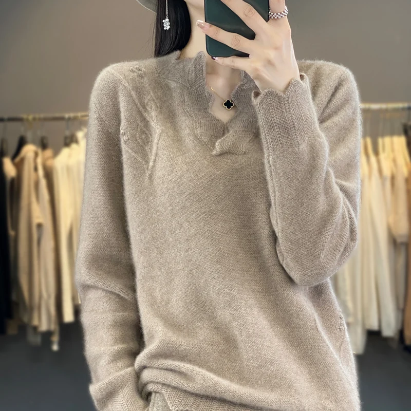 

23 Autumn and winter New 100 Pure cashmere sweater women V Collar jacquard solid color loose pullover wool knitted bottoming shi