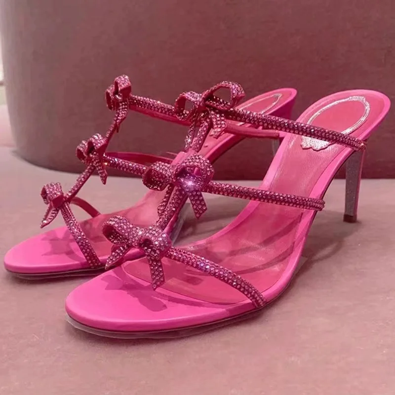 

Rhinestone Bow Sandals Fairy Style Stiletto Strap Slippers Open Toe Women Shoes Zapato De Tacon Sandalias Mujer Verano