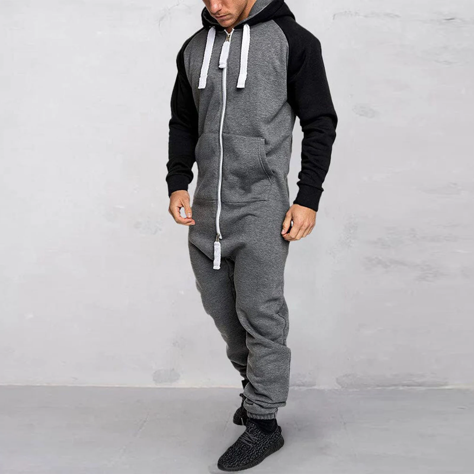 Men Jumpsuits Mens Hooded Jumpsuit Contrast Zipper Front Long Sleeve Full Length Romper with Pockets Winter Fall Clothes