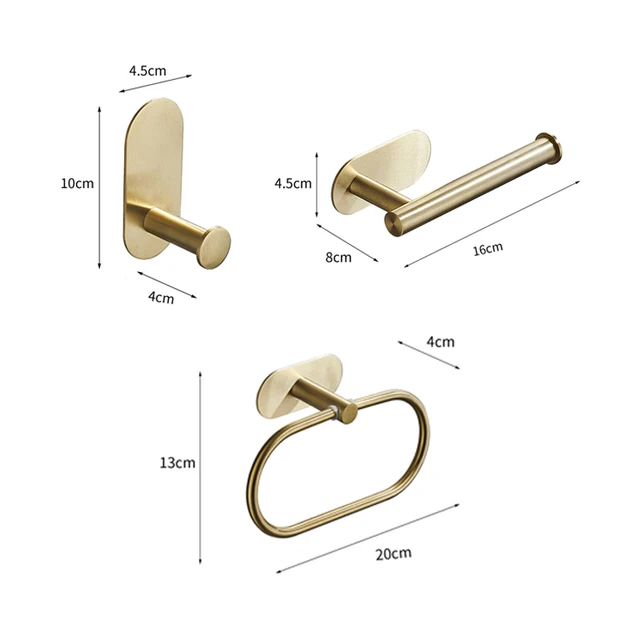 No Drilling Stainless Steel Self-adhesive Towel Bar Paper Holder Robe Hook Towel Ring Black Silver Gold Bathroom Accessories Set Gold 3pcs Set A
