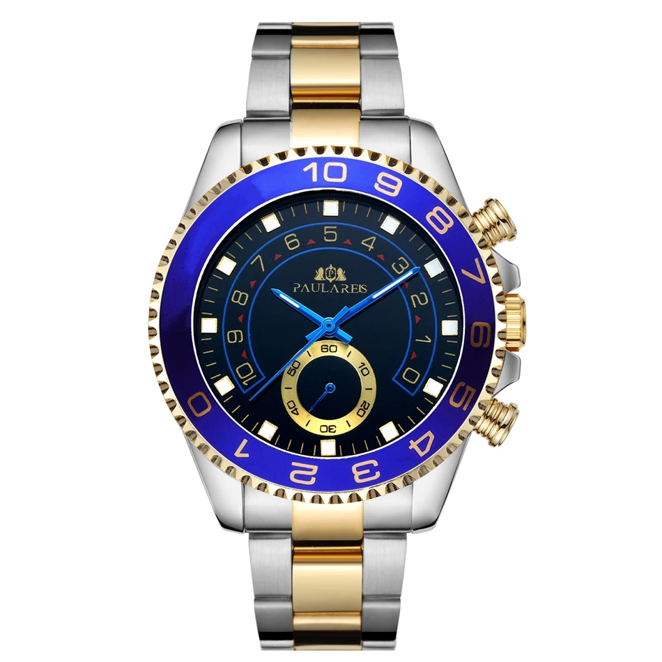 Bracelet mécanique à remontage automatique en acier inoxydable, décontracté, jaune, or, argent, bleu, lunette pour hommes d'affaires_voghion.com