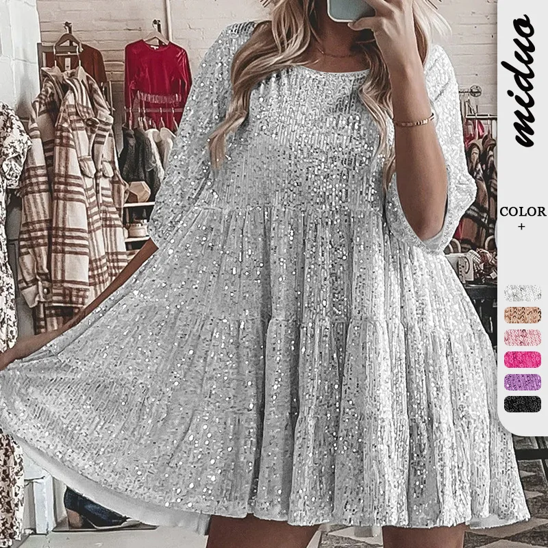 

Sequin Mini Dresses For Women Fashion Party Night Club Loose A-line Short Dress Y2k Streetwear Ladies Vestidos Spring Summer New