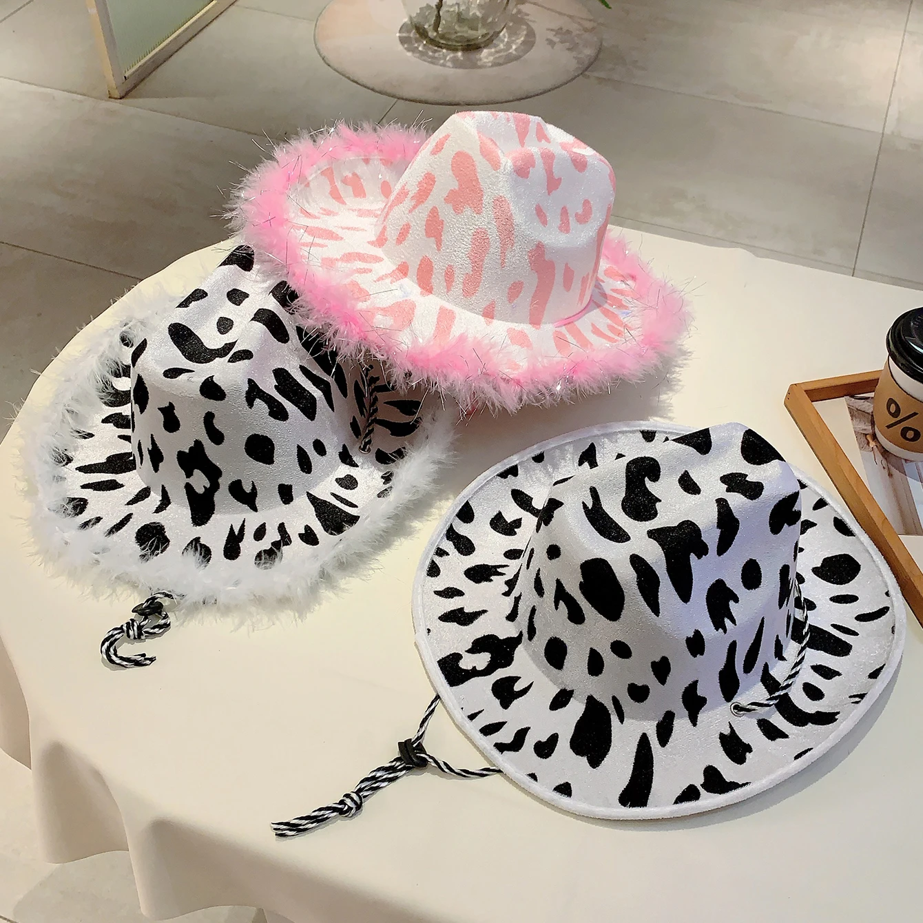 KAMMPT Western Design Pink Cowboy Hat Women Performance Lanyard Fancy Dress Hat Fashion Feather Decor Travelling Outdoor