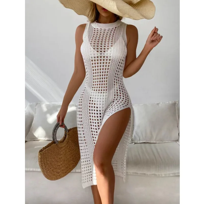 2024Beach Swimwear Sleeveless Side Split Beach Dresses Women Swimsuits Cover Ups Crochet Bathing Suit Hollow Out Bikini Coverup