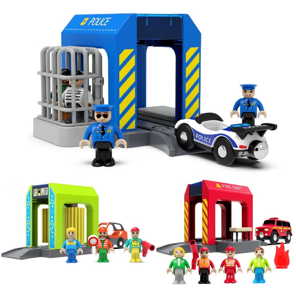 Plastic Fire Department Police Station Scene Wooden Train Track Accessories Wooden Track Parts Compatible with All Brands Track