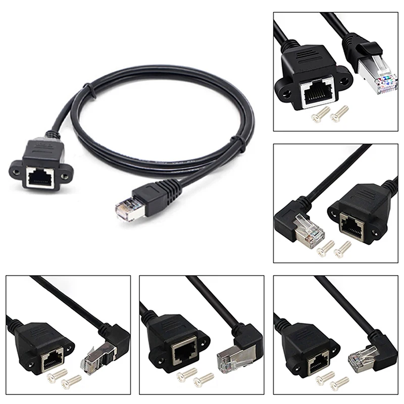 

8Pin RJ45 Cable Male To Female Screw Panel Mount Ethernet LAN Network 8 Pin 90 Degree Right Angle Extension Cable