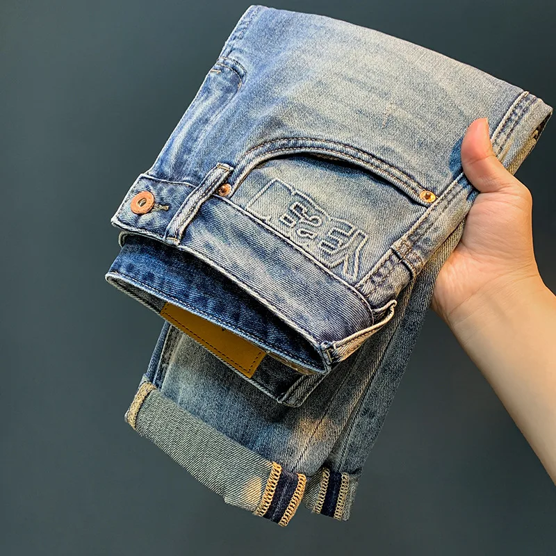 2024Summer cropped high-end jeans men's thin printing stylish slim fit skinny light blue stretch casual pants