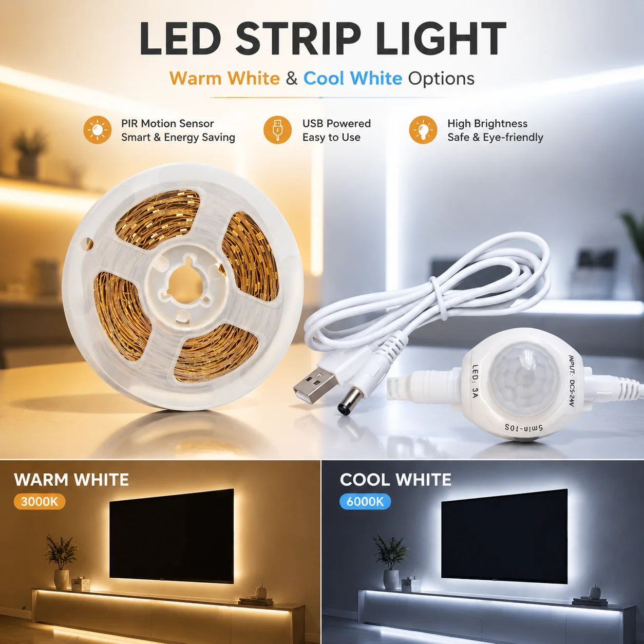 Versatile LED Strip Light with Motion Sensor - Warm & Cool White