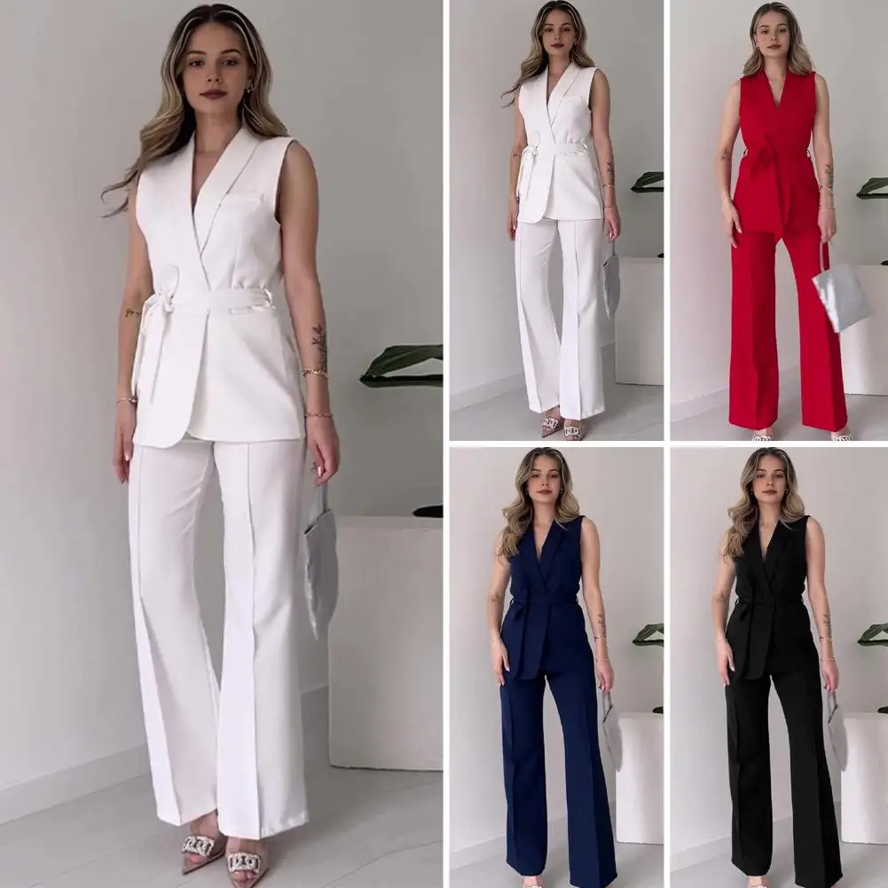 Formal Vest Pants Set Elegant Women's Formal Commute Outfit Set With V Neck Lace-up Cardigan High Waist Wide Leg For Lady's