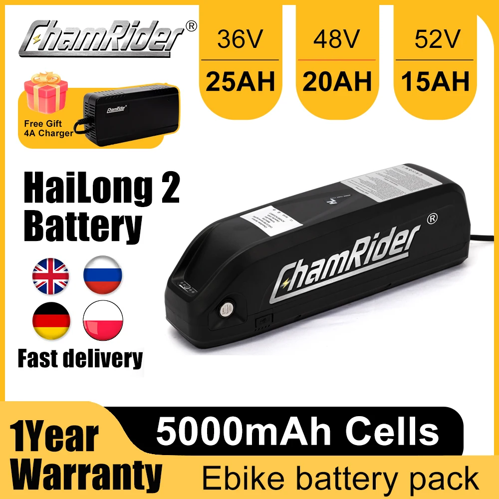 

ChamRider Ebike Battery 36V 25AH Hailong 2 Original 48V Battery 48V 20AH 40A BMS 350W 500W 750W 1000W 1500W 21700 Cell