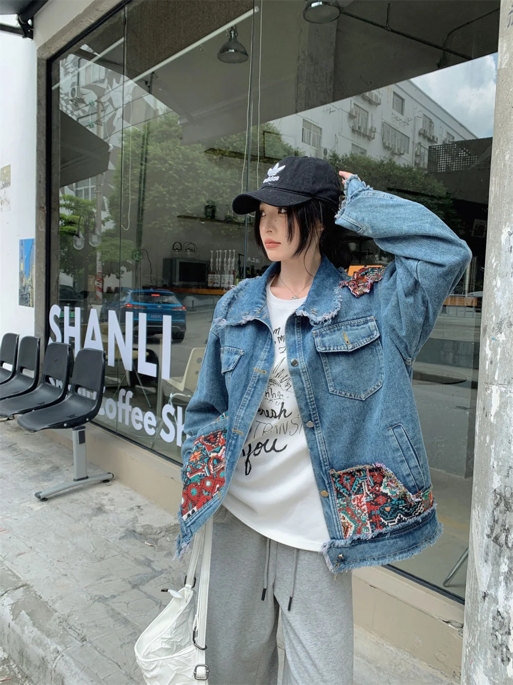 2024 Spring and Autumn New Loose American Retro Ethnic Style Spliced Washed Denim Coat Men's and Women's Fashion Coat