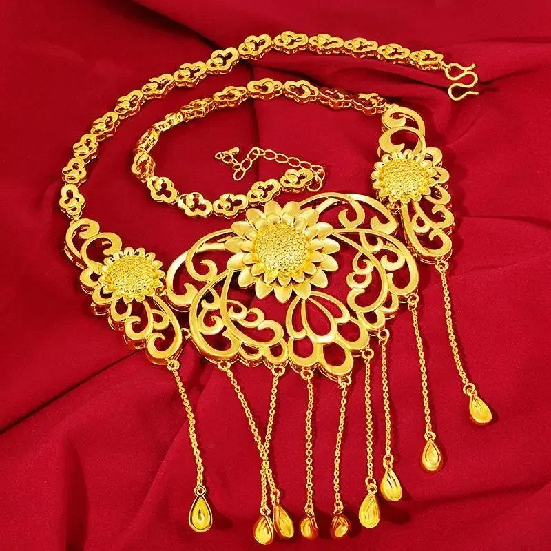 

Комплект из Колье и ожерелья, из Вьетнамского песка и золота 18 К, китайское этническое ожерелье с Фениксом и драконом, Свадебное женское ожерелье с покрытием из настоящего 24-каратного золота
