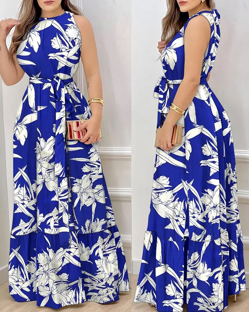 

Women's Dresses 2023 Spring Fashion Floral Print Casual Round Neck Sleeveless Tied Detail Daily Long Vacation Dress