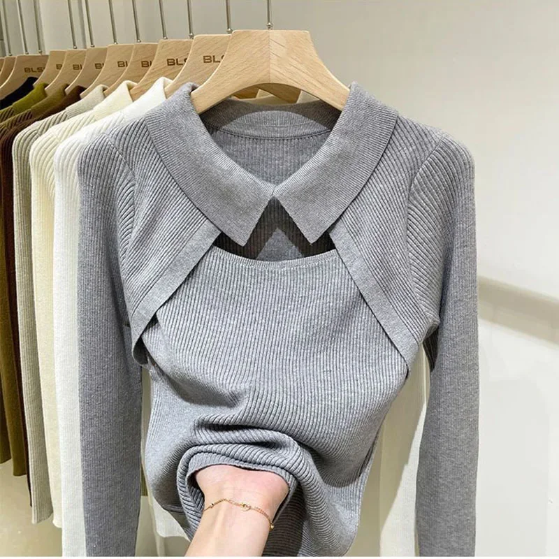 Hotsweet Sweater Hollow Polo Neck Slim Thin Women\'s Knit Long Sleeve Top Pull Jumper Casual Harajuku Undershirt American Hottie