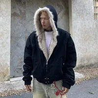 American Fashion Solid Color Fur Collar Cotton Hooded Jacket Men Autumn Winter Street Loose Velvet Thickened Casual Jacket 1