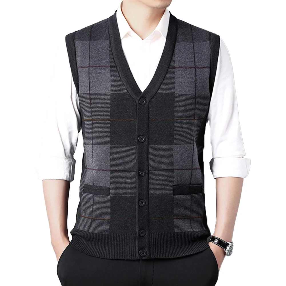 Casual Men\'s Father\'s Sweater Vest Knit Tank Top V Neck Sleeveless Plaid Warm Cardigan Sweaters Tops Male Gift Clothing