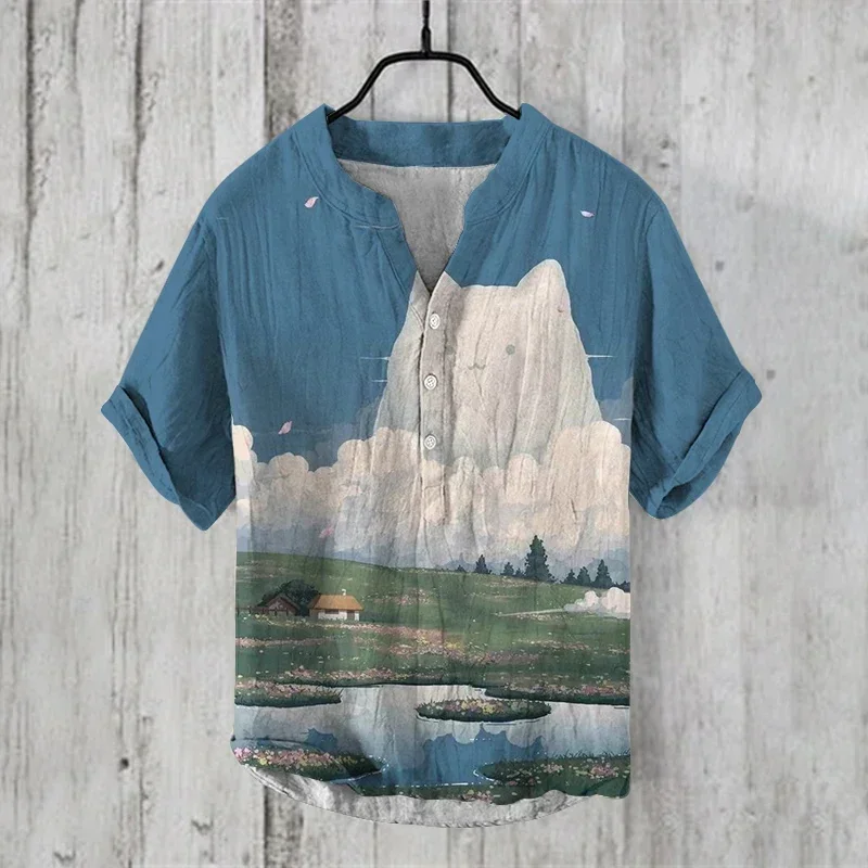 Camisa informal de talla grande para hombre, Jersey de manga corta con estampado de paisaje, 3 botones, a la moda, para vacacion