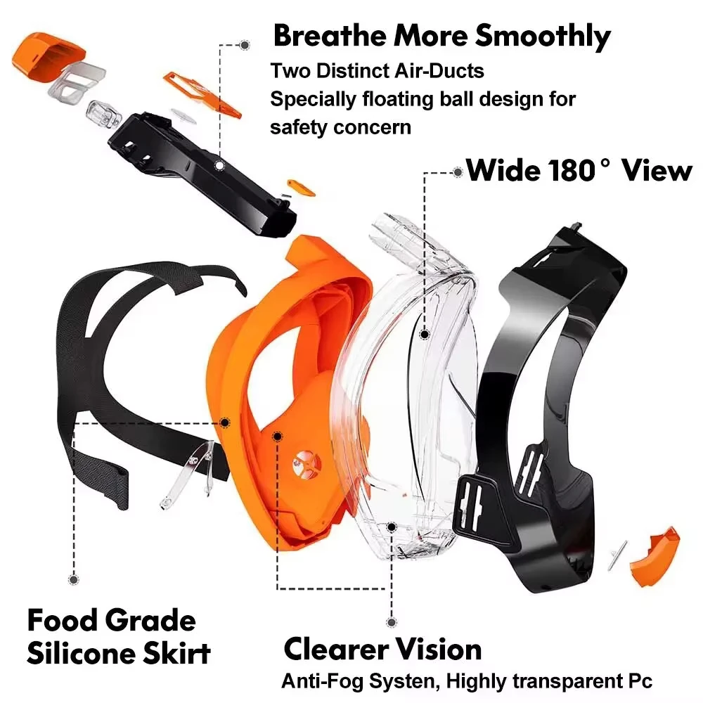 탈부착 가능한 카메라 마운트가 있는 풀페이스 스노클 마스크, 성인 및 청소년용 넓은 시야 확보, 김서림 방지, 누수 방지 기능이 있는 스노클링 수영 다이빙 마스크