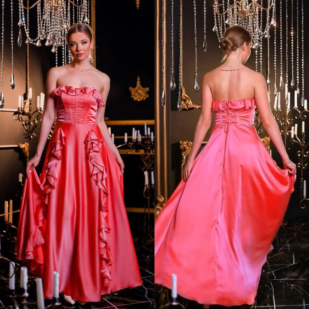 Evening Saudi Arabia Satin Ruched Cocktail Party A-line Strapless Bespoke Occasion Gown Midi Dresses