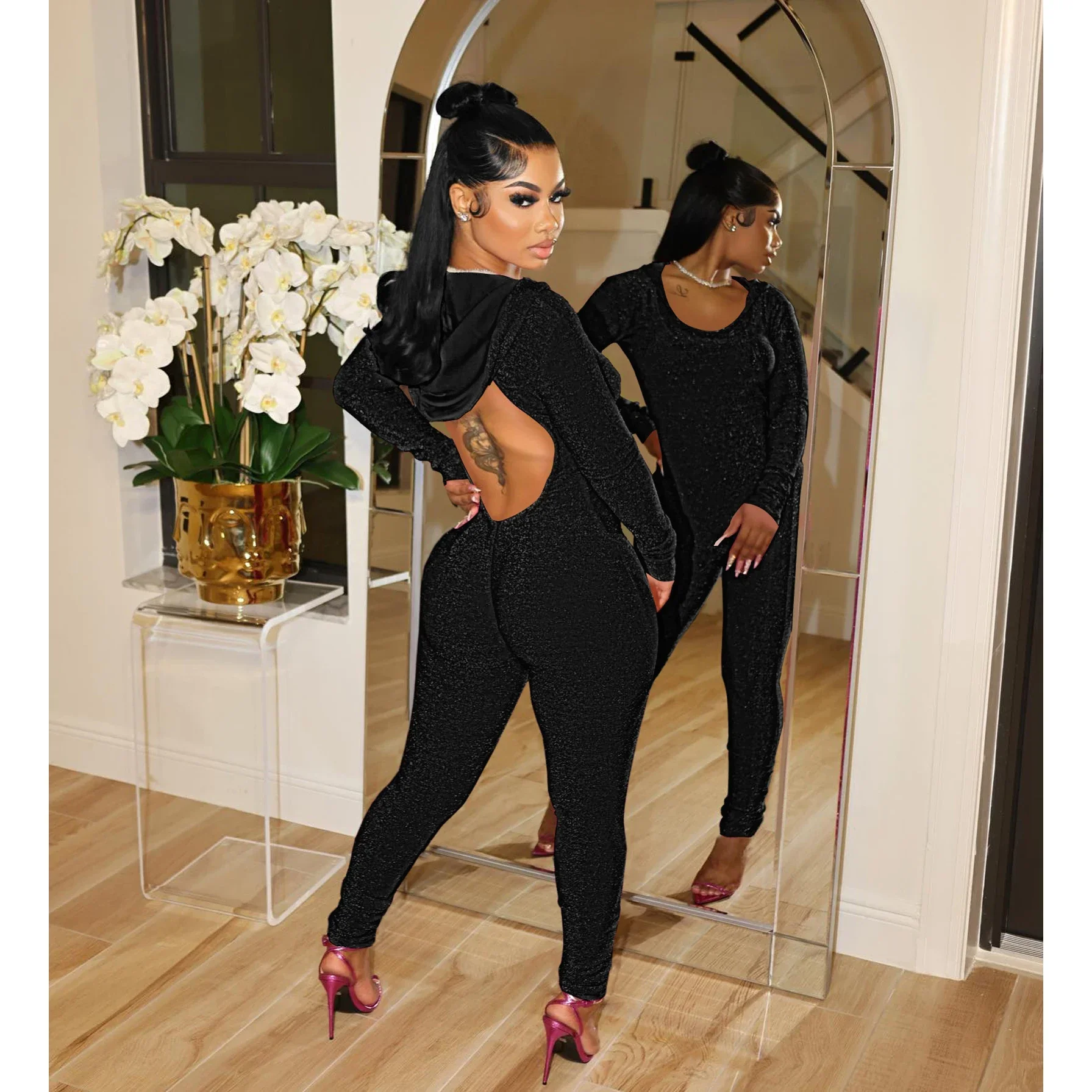 Shiny One Piece Sexy Jumpsuits 2023 Women Fall Winter Clothes Club Party Elegant Bodycon Hoodie Tops Jumpsuit Bodysuit Playsuit