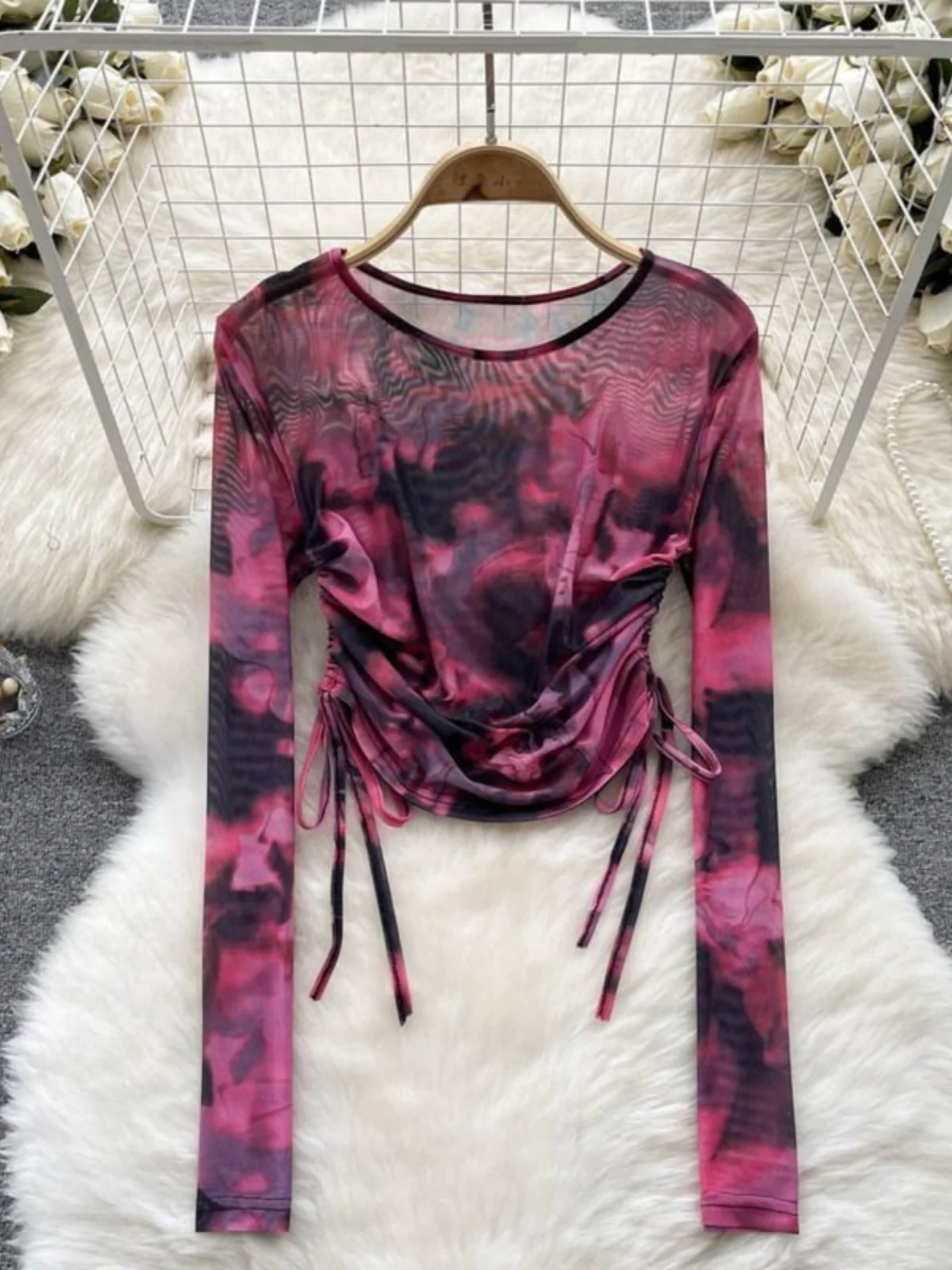 Retro Tie Dye Me Rope round Ne T irt Women's Clothing Cut Label Design Casual Slim Fit Long Sve Summer Top