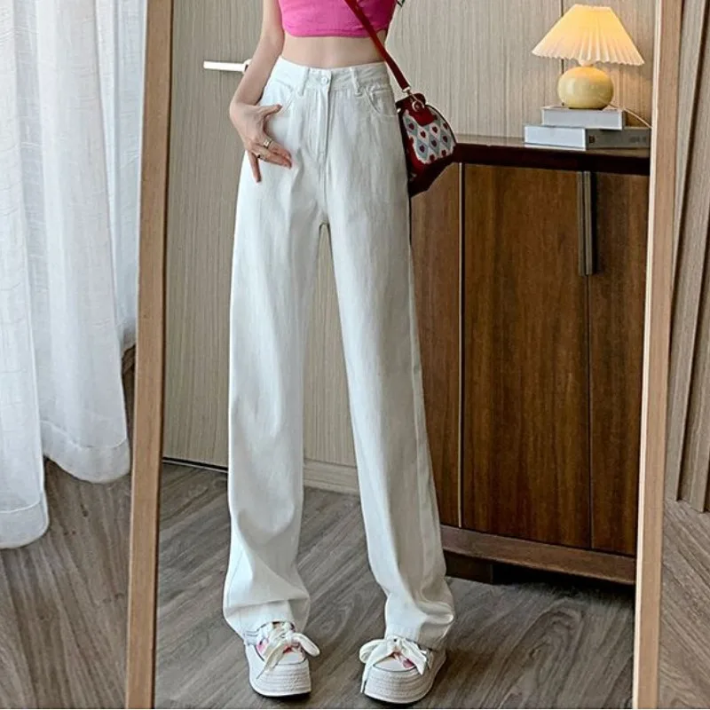 Women's Spring Autumn Solid Gradient Button Zipper Pocket High Waist Casual Wide Leg Loose Trousers Fashion Office Lady Pants