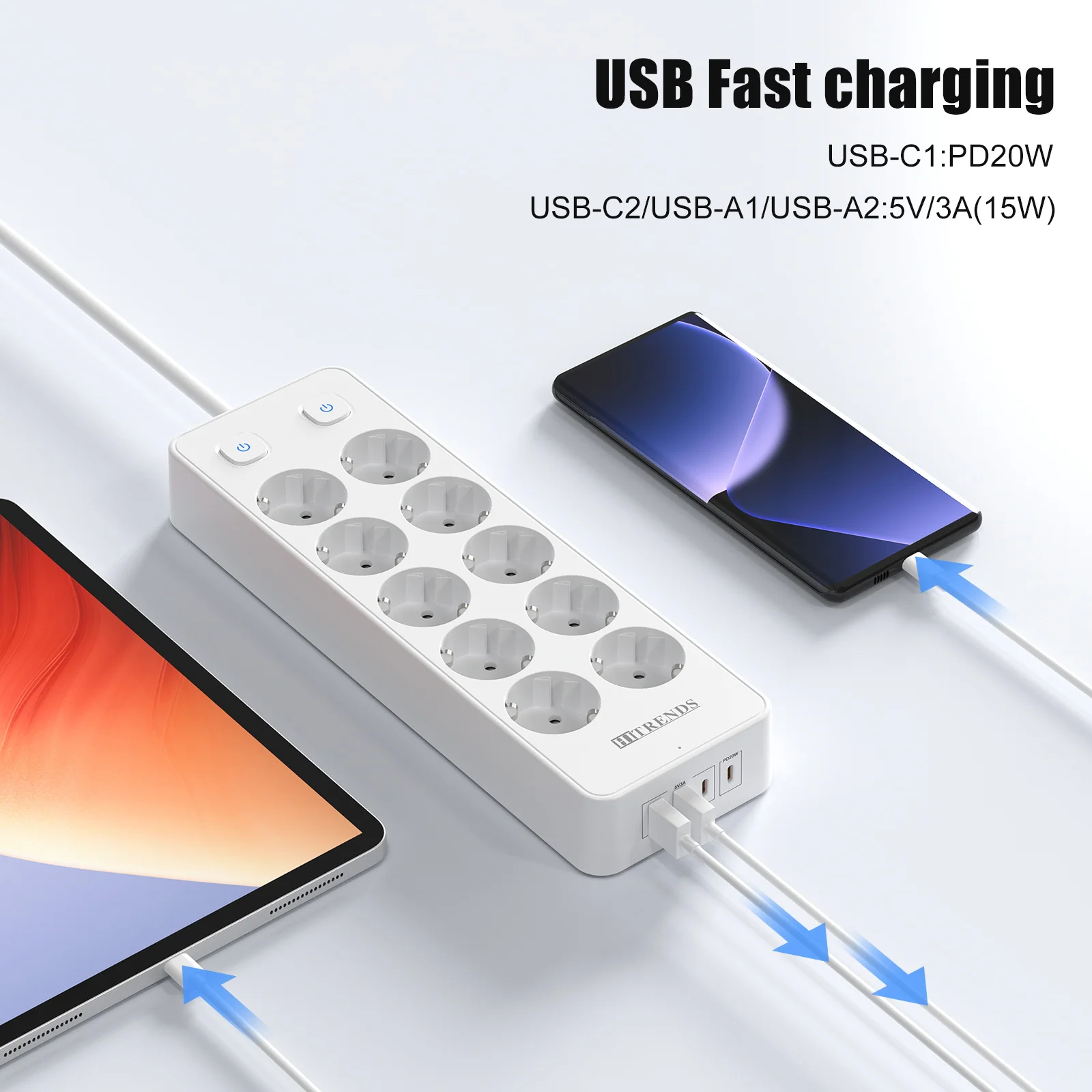 10 Way European Power Strip with 2 USB A 2 USB C PD20W fast charging Multiprise Socket Double switch Surge Protection 2m cable S4c8298252bb0474ea4c983d8acb2f00ak