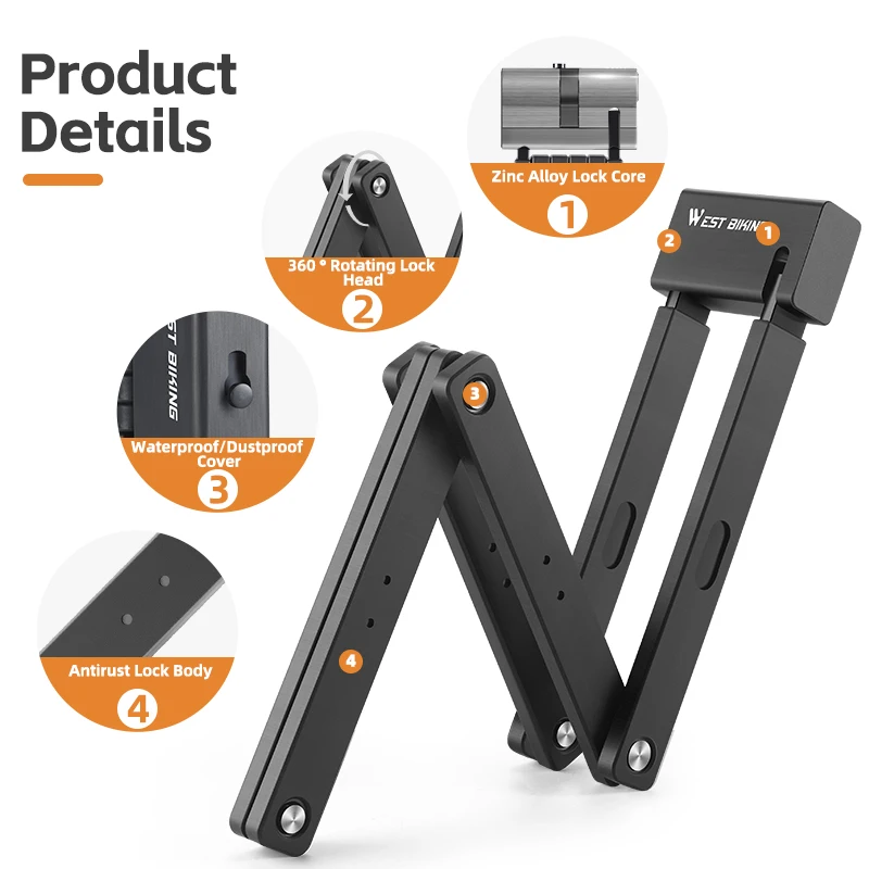 WEST BIKING Lucchetto pieghevole per bicicletta portatile Sicurezza durevole antifurto Scooter Lucchetto per bici elettrica Accessori per bici da strada MTB - immagine 3