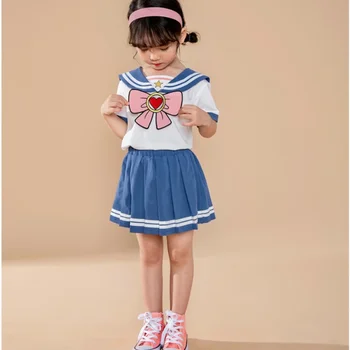 Baby Girls Clothes Set Summer Sailor Suit Kid's Pleated Skirt JK Uniform Toddler Girl Bownot Top & Striped Skirt Preepy Style 3