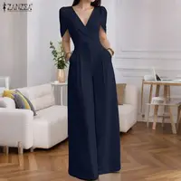 Women Playsuits ZANZEA 2025 Fashion Party Jumpsuits Short Sleeve V-Neck Casual Rompers Summer Solid Elegant Pockets Streetwear - Image 3