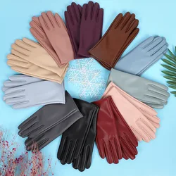 Winter Women Colorful PU Leather Plus Plush Thick Velvet Warm Driving Glove Female Solid Sport Cycling Windproof Mitten M26