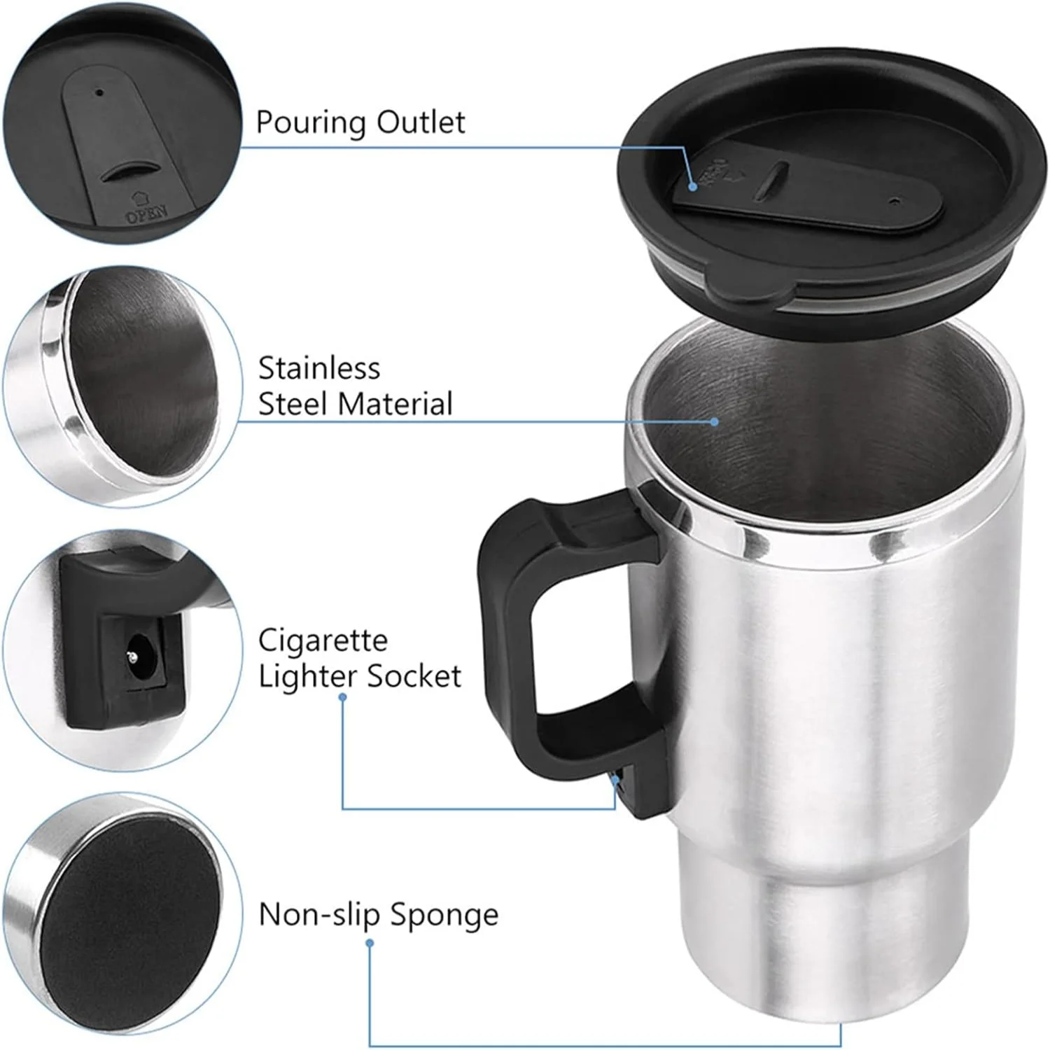Car Mug, 12V 450ml In-car Stainless Steel Travel Heating Cup Coffee Tea Car Cup Mug for Heating Water, Coffee, Milk and Tea wi