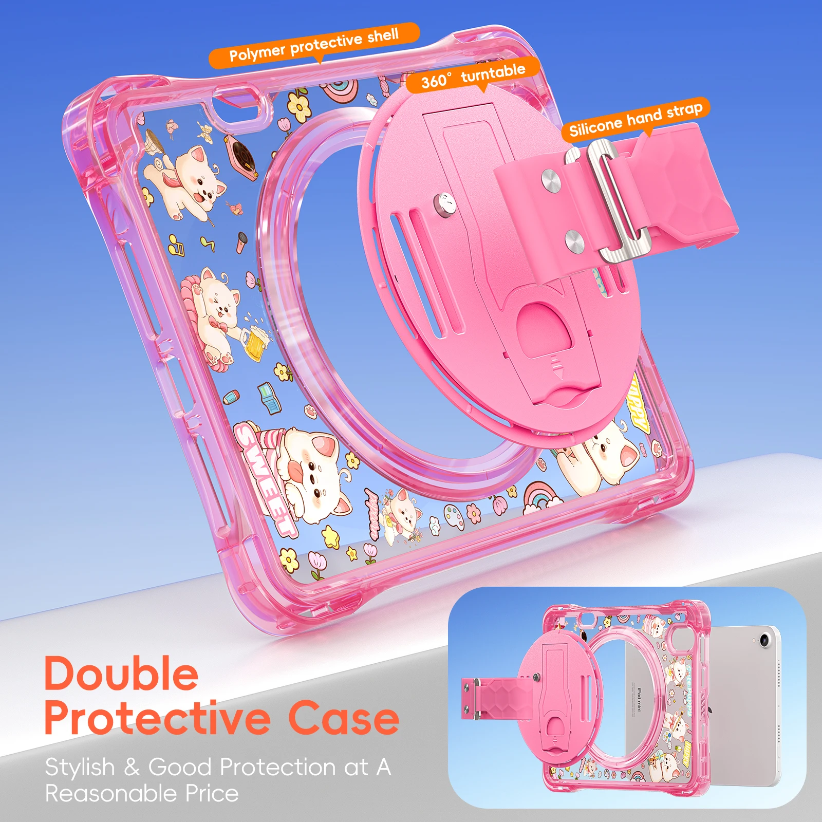 Shockproof Transparent Cartoon Tablet Case with Back Strap and Hand Stand