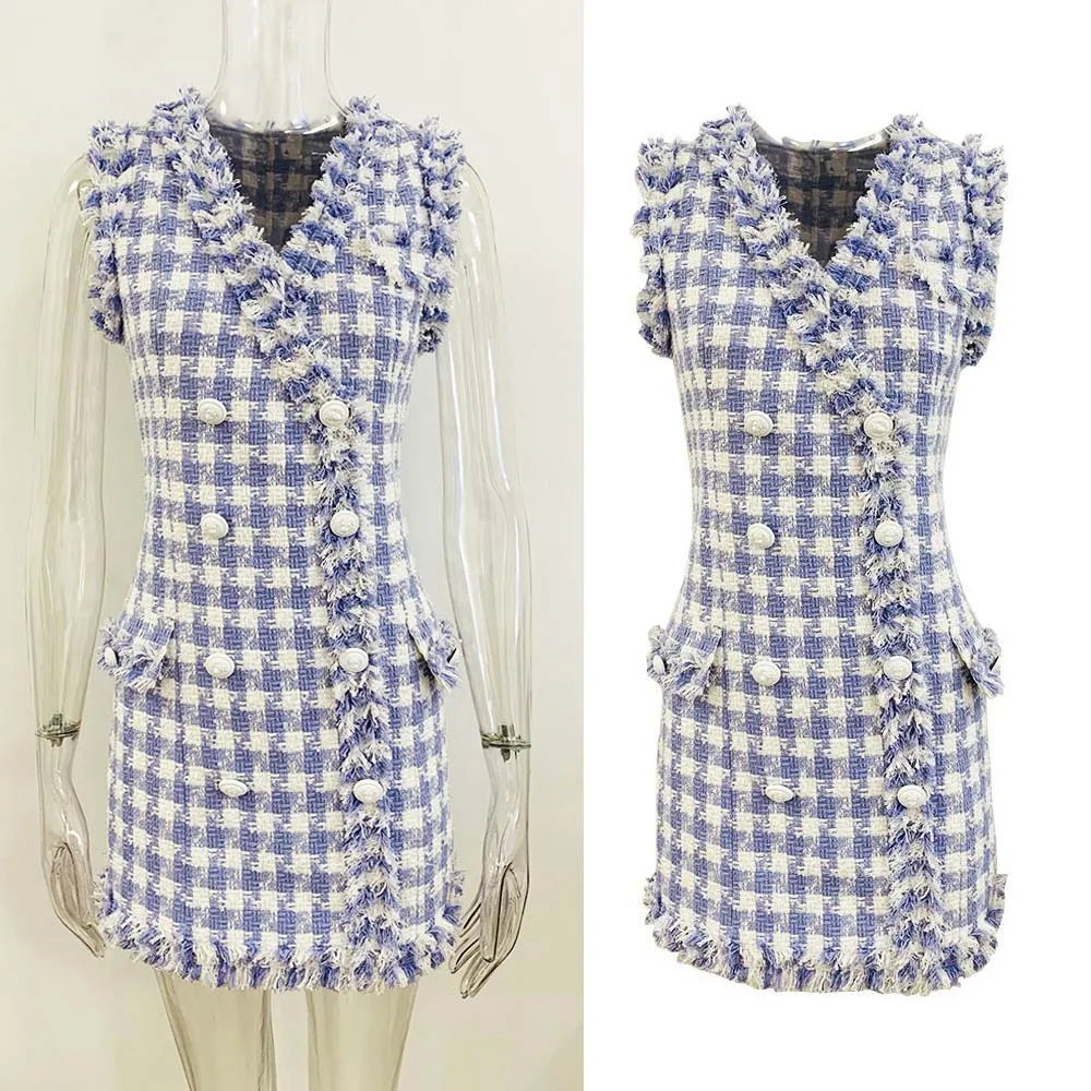 

22 Early Autumn European And American Stars Fashion New White Metal Buckle Fringe Tartan Sleeveless Commuter Women's Dress