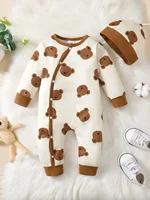 Winter Newborn Infant Baby Boys Romper Bear Print Long Sleeve Button Up Front Rompers Kids Onepiece Soft Fashion Baby  Clothing 5