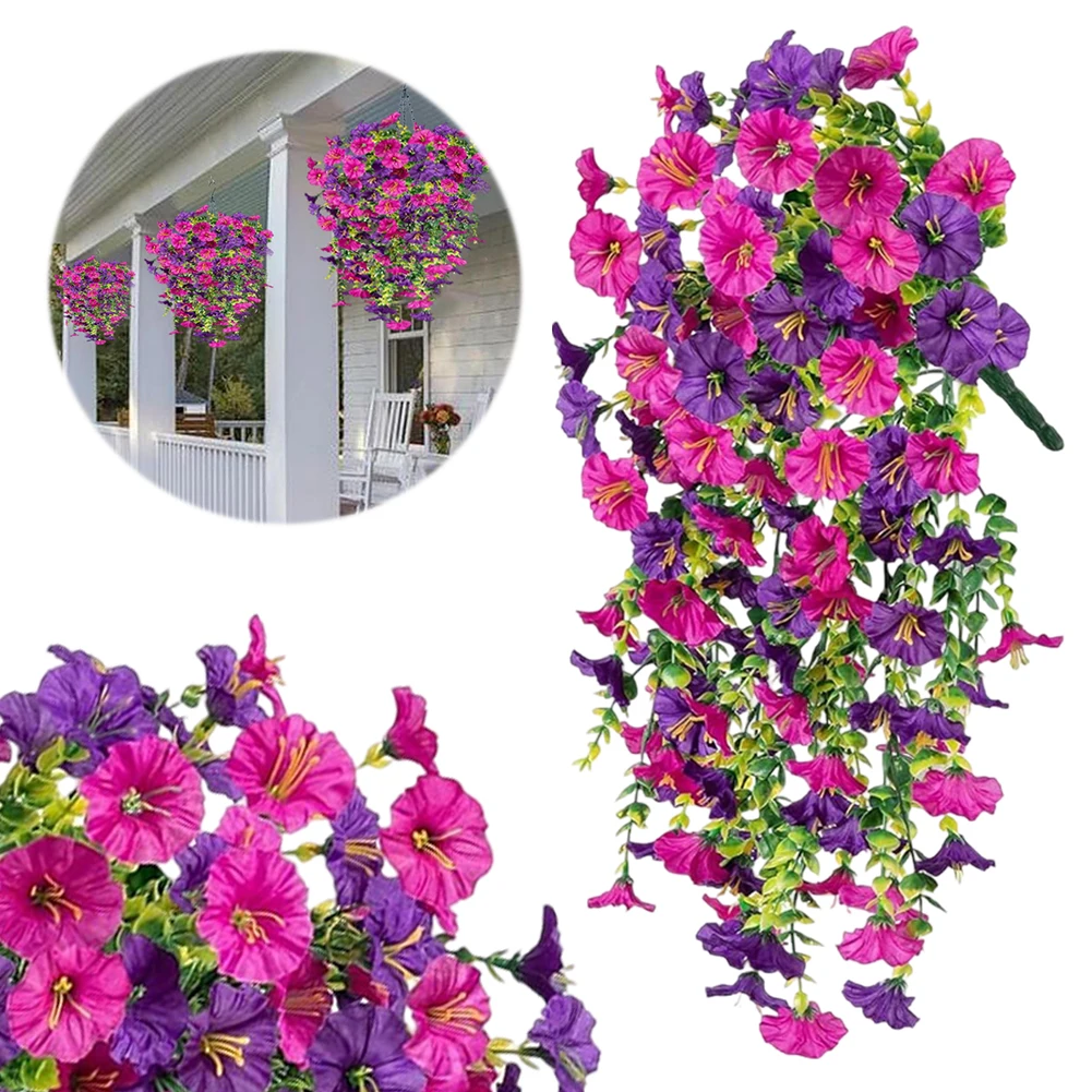 Realistic Hanging Flowers Waterproof Artificial Morning Glory Flowers Fake Flowers Plants for Garden Porch Window Decoration
