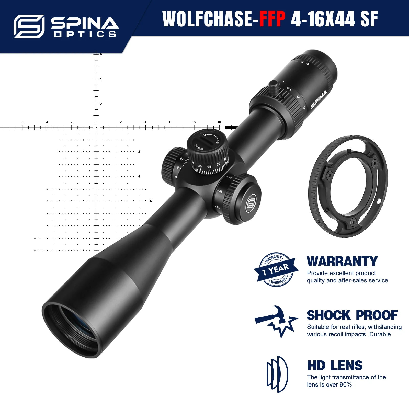 Rifle Scope SPINA OPTICS HD WolfChase 4-16x44 FFP Tactical First Focal Plane Riflescope Glass Etched Reticle 10yds Parallax 22LR .223 .308