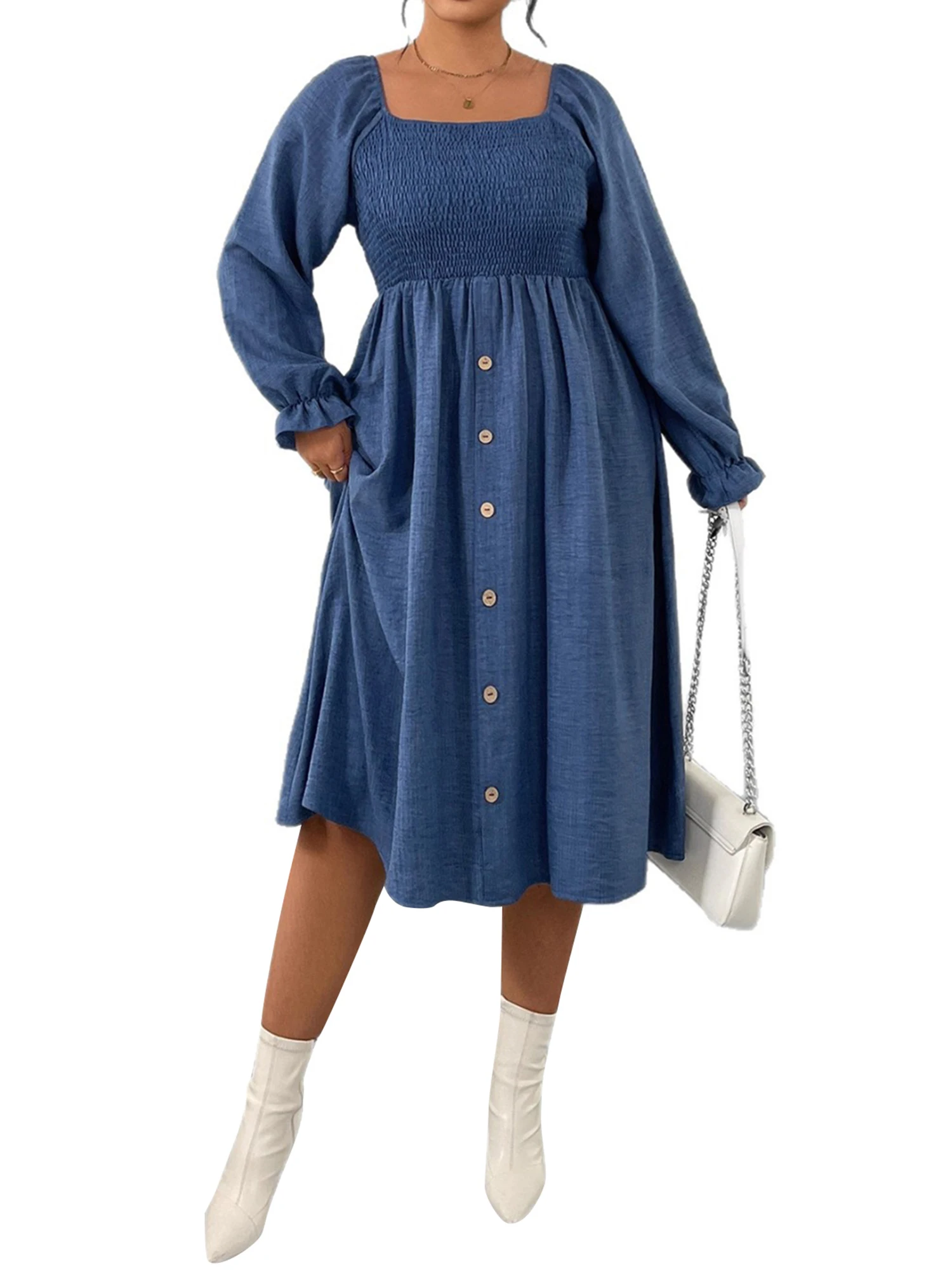 Elegant Women s Plus Size Long Sleeve Midi Dress with Square Neckline and Button Up Detail in Autumn Colors