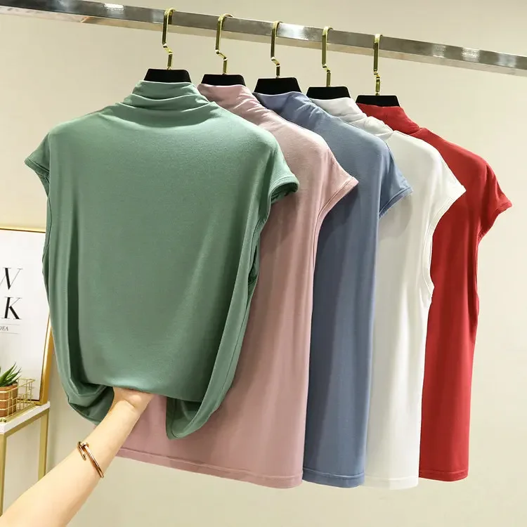 

Корейская одежда для лета, эластичная Универсальная футболка из модала и хлопка с полувысоким воротником, облегающий однотонный жилет без рукавов