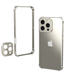 Premium Aluminium Frame Metal Bumper Hard Case with Alloy Lens Protector - iPhone 15 Plus (Titanium)