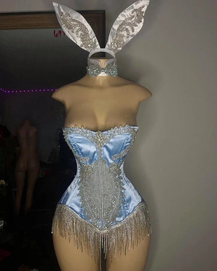 Sky Blue Sparkly Mini Abiti Da Cocktail Da Sera 2024 Luxury Dimaond Crystal Tassel Birthday Party Halloween Gown Corsetto