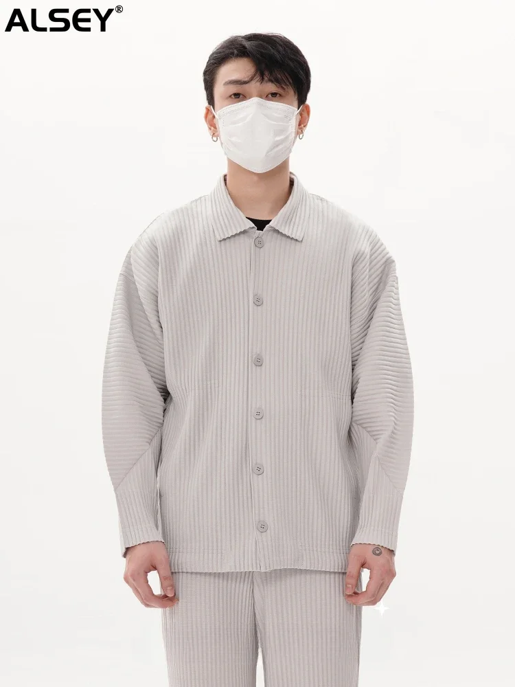 

ALSEY Miyake Pleated Textured Sense of Casual Long-sleeved Men's Harajuku Style Striped Solid-color Shirt Jacket Shirts for Men
