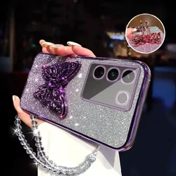 Butterfly Crystal Bracelet Glitter Plating 3D Phone Holder Bling Soft Back Cover for A06 (D)