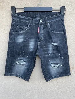 2025 Spring/Summer New D2 Jeans, Shorts, Trendy Men's Water Washed, Worn Out, Patched, Ink Splashed, Slim Fit, Small Feet, Black 1