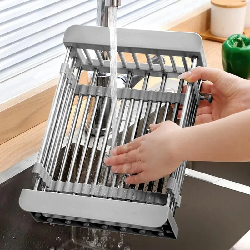 Home Kitchen Retractable Stainless Steel Drain Basket Kitchen Cutting Board Tray Sink Countertop Drain Basket Dish Drying Rack