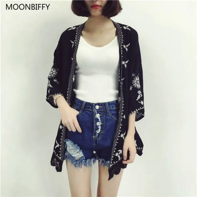 Maternity Ethnic Boho Kimono Cardigan Vintage Floral Embroidery Cardigan Girl Red Black White Cardigans Maternity Women Summer