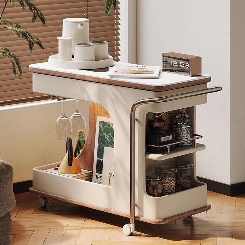 

Mobile Coffee Tea Table Living Room Sofa Small Cart Table Side Rotating Rock Board Snack Storage Small Unit Balcony Furniture