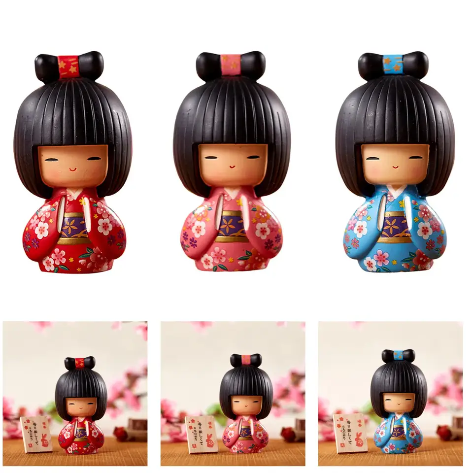 Poupée Miniature Japonaise Kokeshi En Kimono - Résine - Objet De Décoration Asiatique